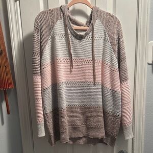 SHEIN Pink and Gray Striped Cowl Neck Sweater